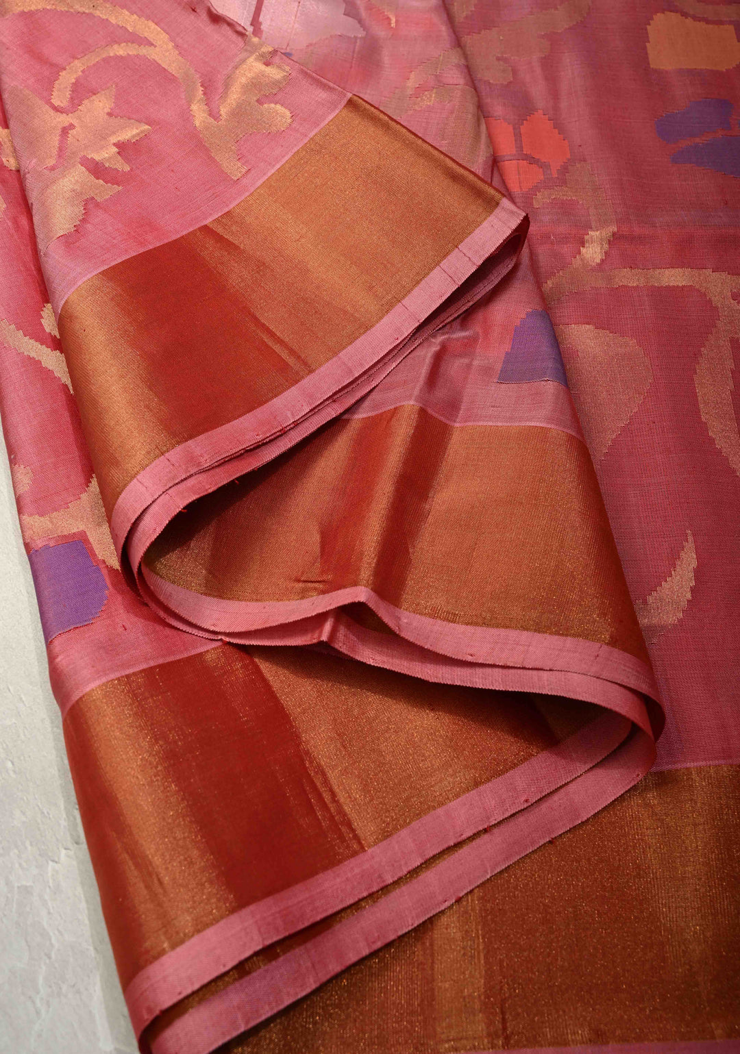 WoodRose Pink  Uppada Handloom Silk Saree with Full Body Jamdani jaal and Tissue Border | SILK MARK CERTIFIED