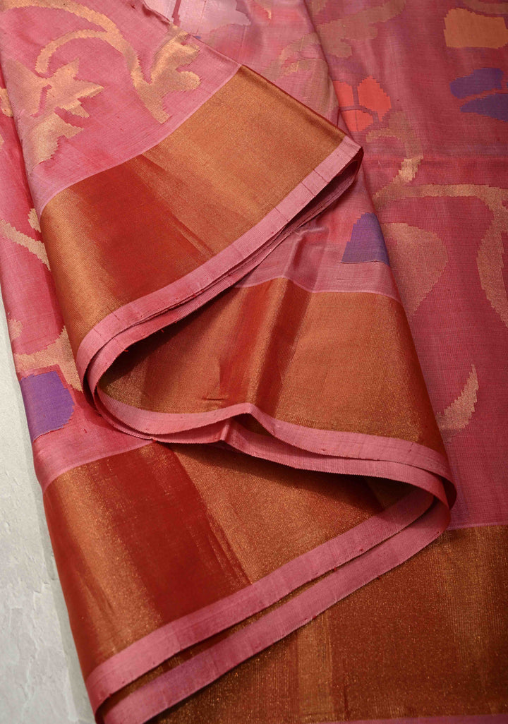 WoodRose Pink  Uppada Handloom Silk Saree with Full Body Jamdani jaal and Tissue Border | SILK MARK CERTIFIED