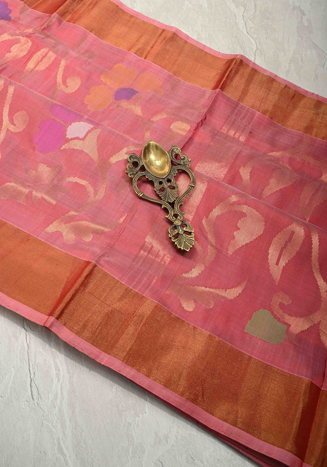 WoodRose Pink  Uppada Handloom Silk Saree with Full Body Jamdani jaal and Tissue Border | SILK MARK CERTIFIED
