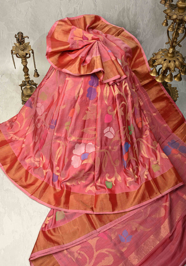 WoodRose Pink  Uppada Handloom Silk Saree with Full Body Jamdani jaal and Tissue Border | SILK MARK CERTIFIED