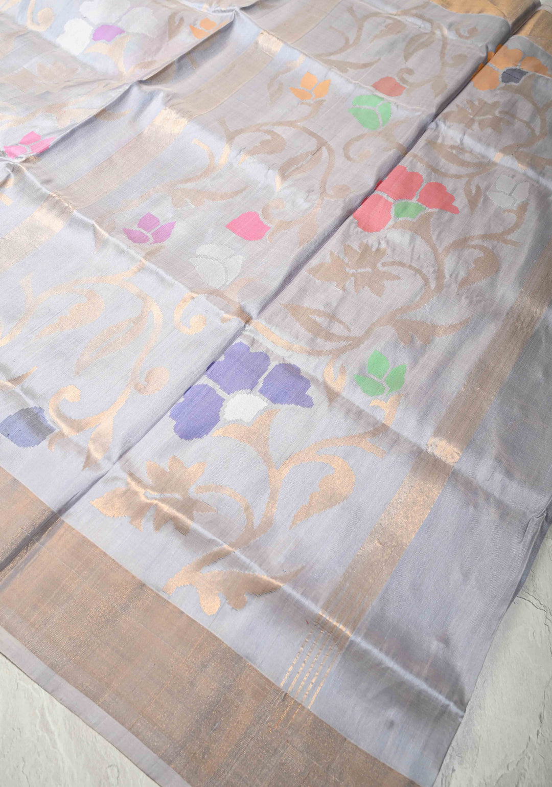 Smokey Gray  Uppada Handloom Silk Saree with Full Body Jamdani jaal and Tissue Border | SILK MARK CERTIFIED