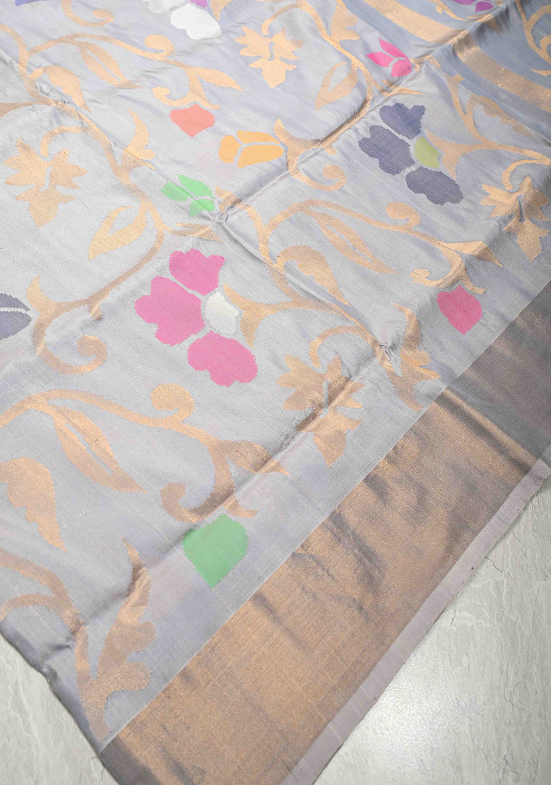 Smokey Gray  Uppada Handloom Silk Saree with Full Body Jamdani jaal and Tissue Border | SILK MARK CERTIFIED