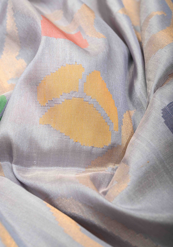 Smokey Gray  Uppada Handloom Silk Saree with Full Body Jamdani jaal and Tissue Border | SILK MARK CERTIFIED