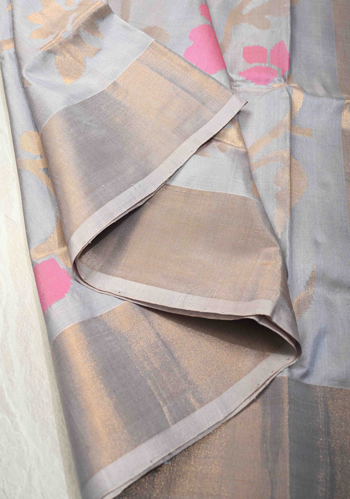 Smokey Gray  Uppada Handloom Silk Saree with Full Body Jamdani jaal and Tissue Border | SILK MARK CERTIFIED