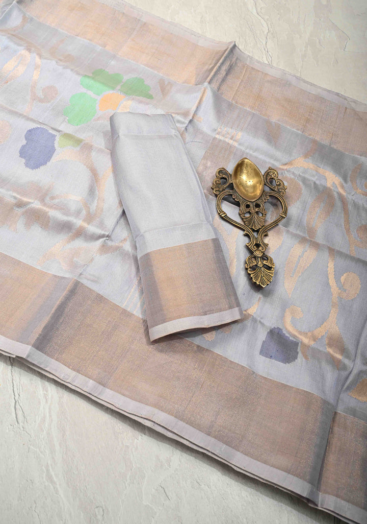 Smokey Gray  Uppada Handloom Silk Saree with Full Body Jamdani jaal and Tissue Border | SILK MARK CERTIFIED