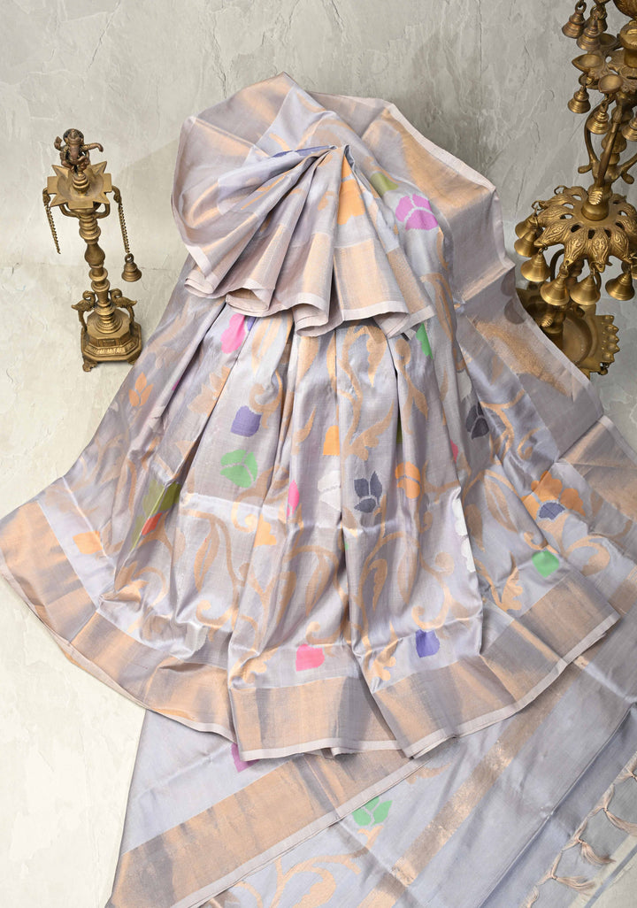 Smokey Gray  Uppada Handloom Silk Saree with Full Body Jamdani jaal and Tissue Border | SILK MARK CERTIFIED