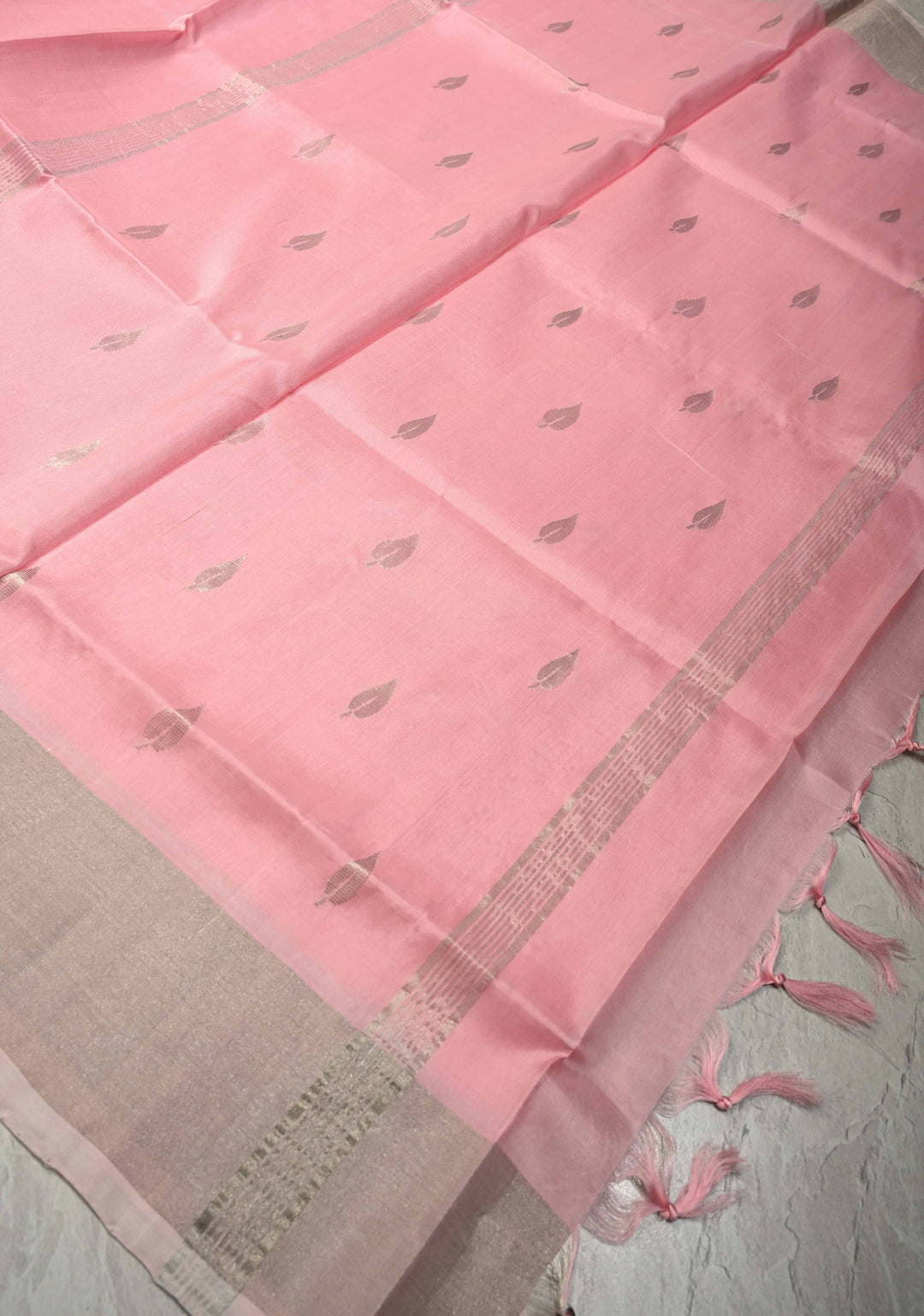 Bubblegum Pink  Uppada Handloom Silk Saree with Silver Zari Buttas and Tissue Border | SILK MARK CERTIFIED