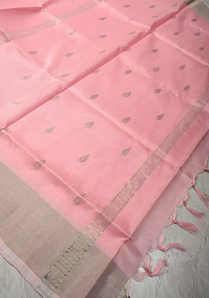 Bubblegum Pink  Uppada Handloom Silk Saree with Silver Zari Buttas and Tissue Border | SILK MARK CERTIFIED