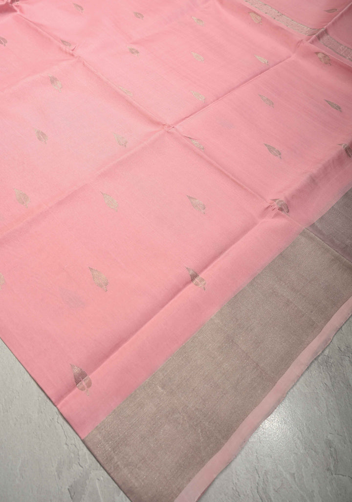 Bubblegum Pink  Uppada Handloom Silk Saree with Silver Zari Buttas and Tissue Border | SILK MARK CERTIFIED