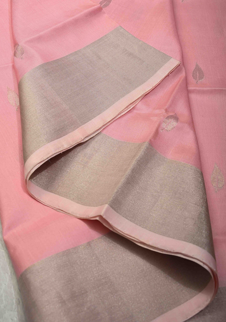 Bubblegum Pink  Uppada Handloom Silk Saree with Silver Zari Buttas and Tissue Border | SILK MARK CERTIFIED