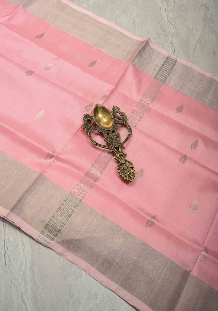 Bubblegum Pink  Uppada Handloom Silk Saree with Silver Zari Buttas and Tissue Border | SILK MARK CERTIFIED