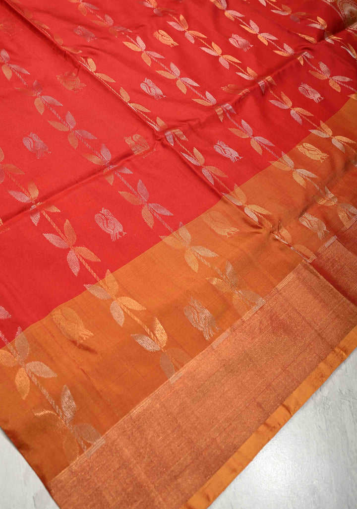 Vermillion Uppada Handloom Silk Saree with Panel and Tissue Border | SILK MARK CERTIFIED