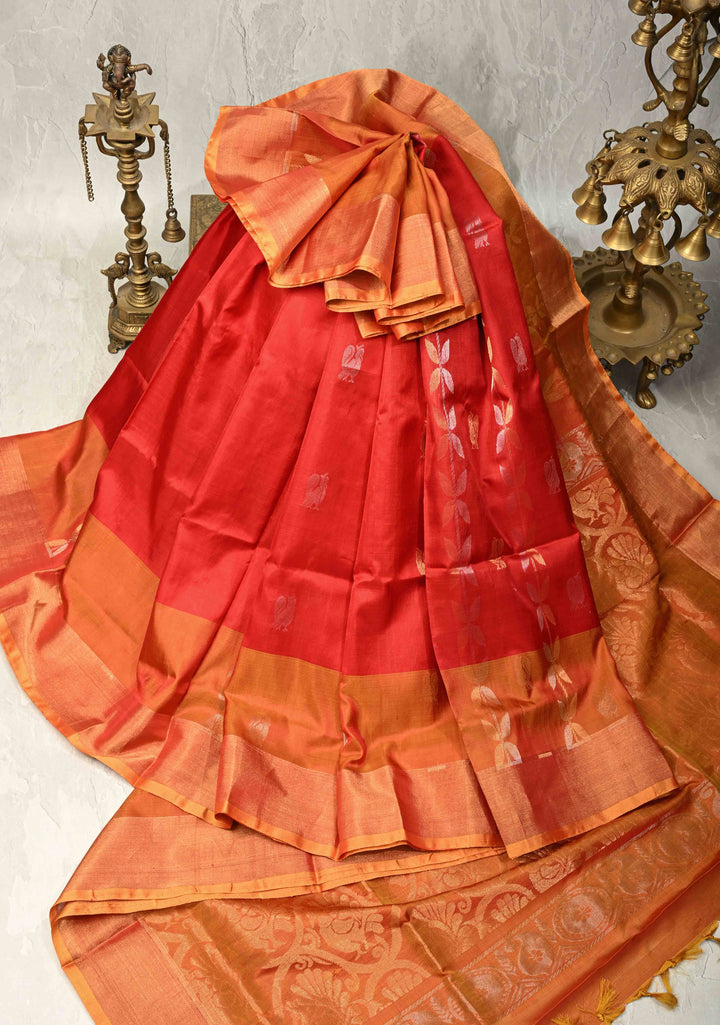 Vermillion Uppada Handloom Silk Saree with Panel and Tissue Border | SILK MARK CERTIFIED