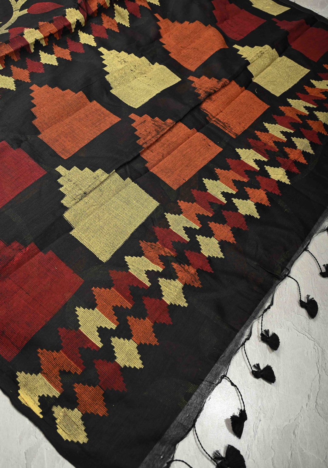 Black Uppada  Cotton Saree with Jamdani Style Screen Print