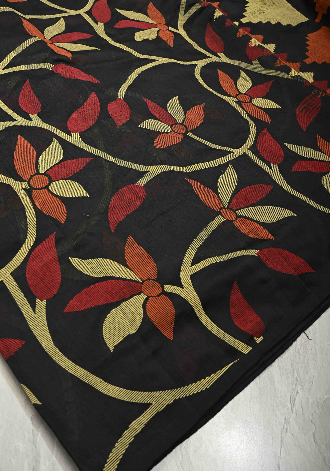 Black Uppada  Cotton Saree with Jamdani Style Screen Print