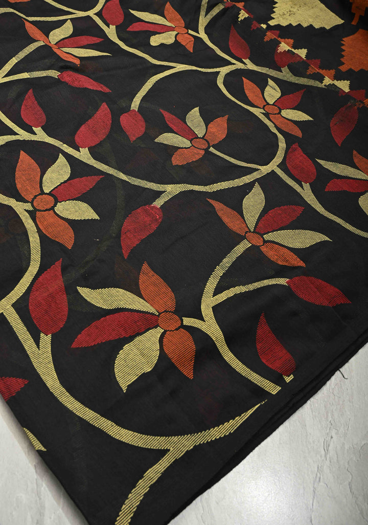 Black Uppada  Cotton Saree with Jamdani Style Screen Print