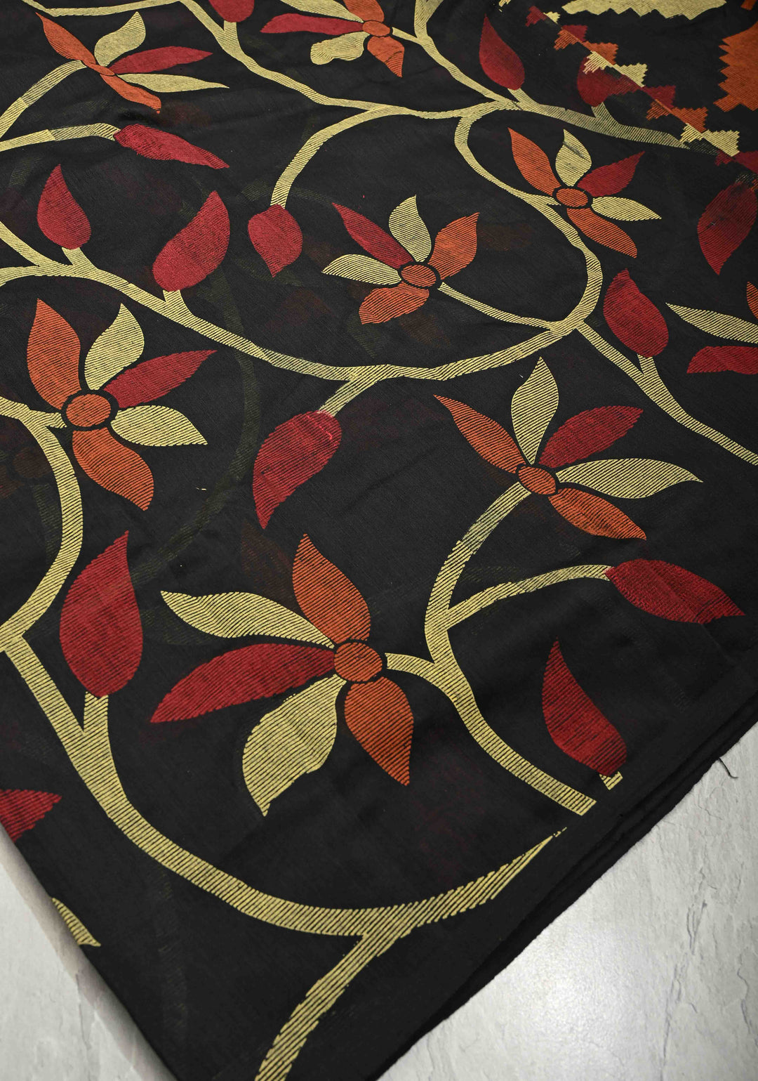 Black Uppada  Cotton Saree with Jamdani Style Screen Print