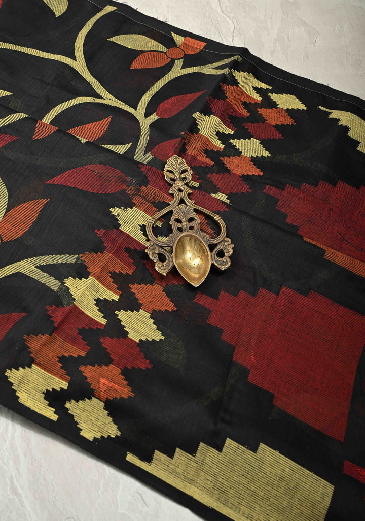 Black Uppada  Cotton Saree with Jamdani Style Screen Print