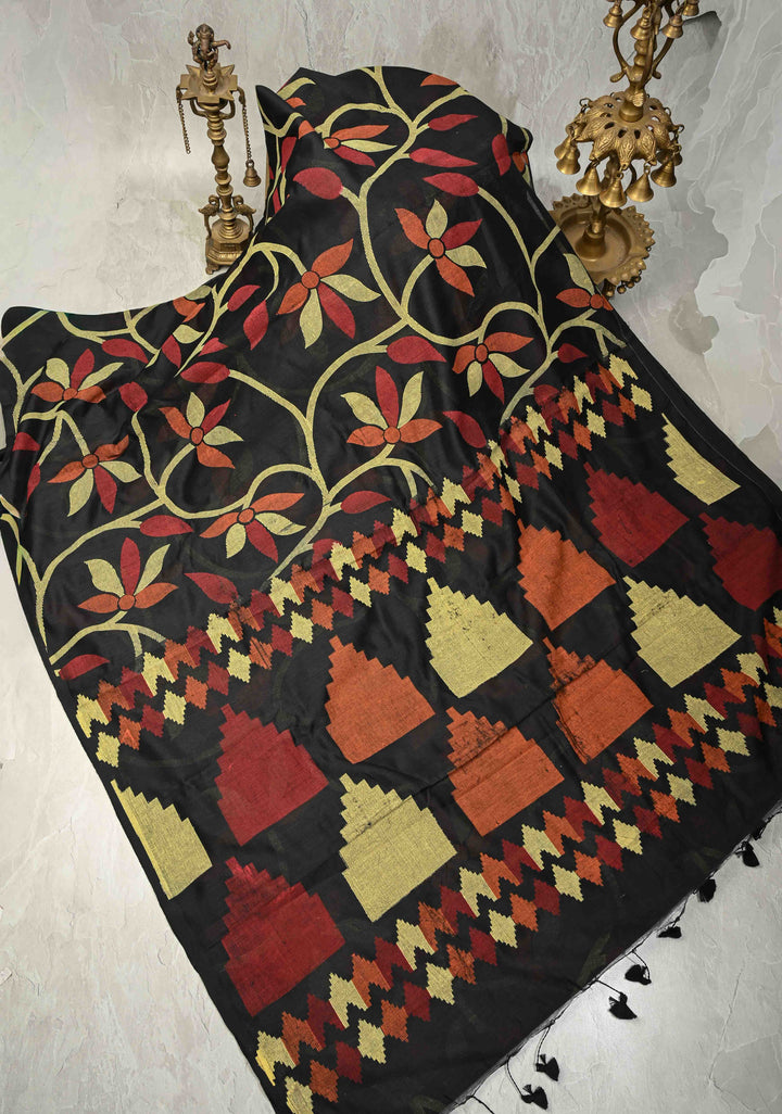 Black Uppada  Cotton Saree with Jamdani Style Screen Print