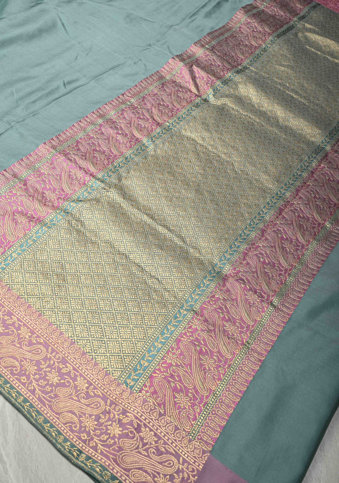 Greyish Blue Ektara Weave Silk Saree with Kadhuwa Contrast Zari Border | SILK MARK CERTIFIED