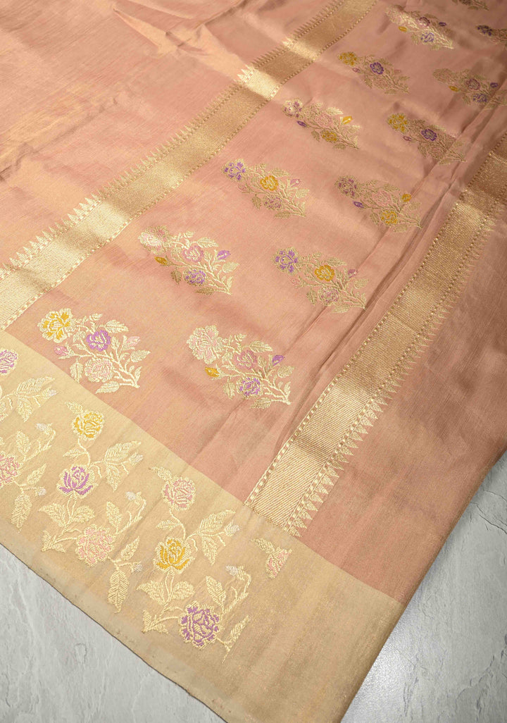 DustyPeach Tissue Ektara Weave Silk Saree with Ivory Meenakari Contrast Zari Border | SILK MARK CERTIFIED