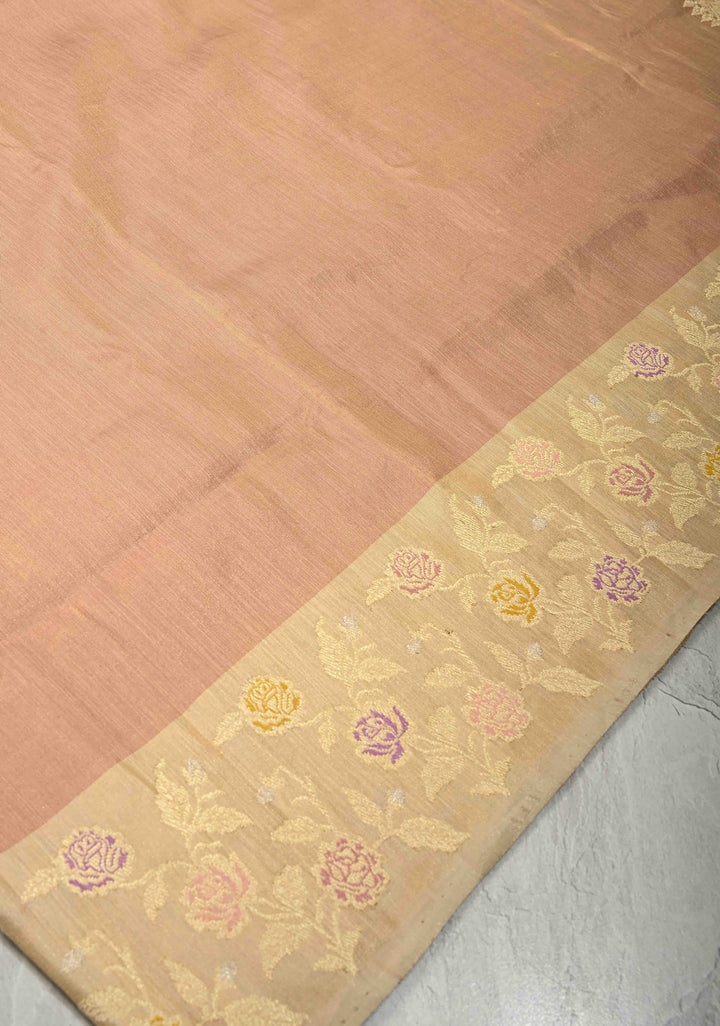 DustyPeach Tissue Ektara Weave Silk Saree with Ivory Meenakari Contrast Zari Border | SILK MARK CERTIFIED