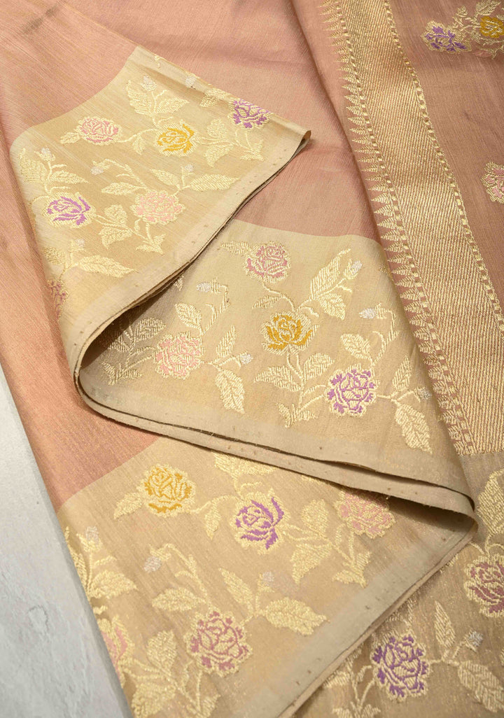 DustyPeach Tissue Ektara Weave Silk Saree with Ivory Meenakari Contrast Zari Border | SILK MARK CERTIFIED