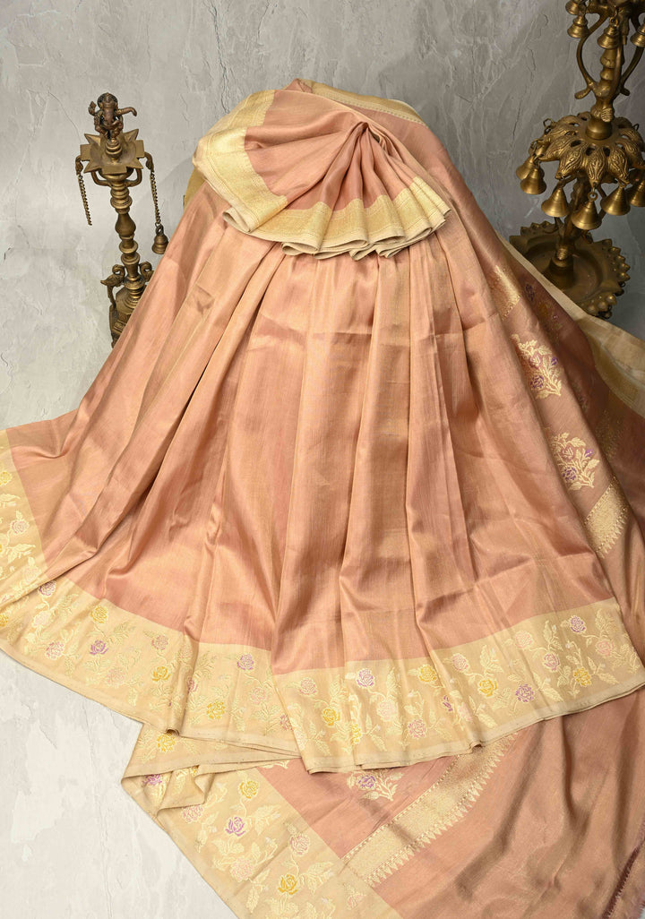 DustyPeach Tissue Ektara Weave Silk Saree with Ivory Meenakari Contrast Zari Border | SILK MARK CERTIFIED