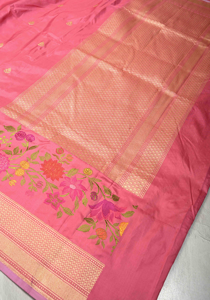 Ektara Rose Milk Pink Katan Banarasi Silk Saree with Zari Buttas and Kadhuwa Weave Meenakari Floral Embroidery on Zari Border | SILK MARK CERTIFIED