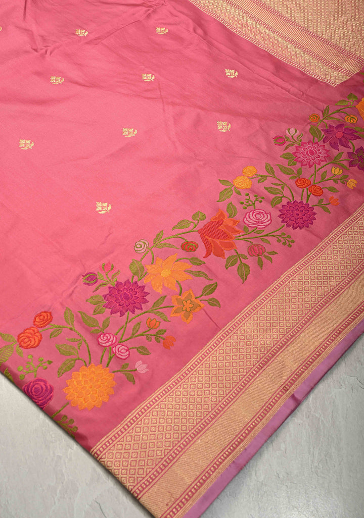 Ektara Rose Milk Pink Katan Banarasi Silk Saree with Zari Buttas and Kadhuwa Weave Meenakari Floral Embroidery on Zari Border | SILK MARK CERTIFIED