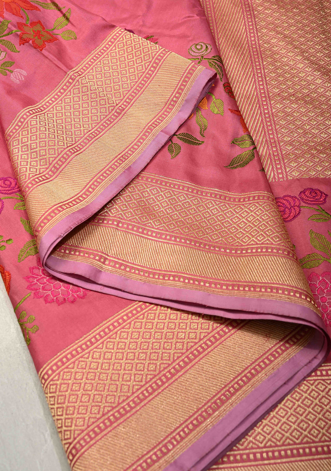 Ektara Rose Milk Pink Katan Banarasi Silk Saree with Zari Buttas and Kadhuwa Weave Meenakari Floral Embroidery on Zari Border | SILK MARK CERTIFIED