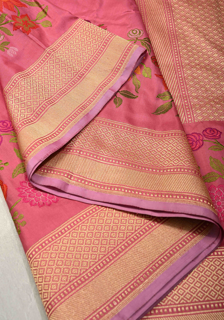 Ektara Rose Milk Pink Katan Banarasi Silk Saree with Zari Buttas and Kadhuwa Weave Meenakari Floral Embroidery on Zari Border | SILK MARK CERTIFIED