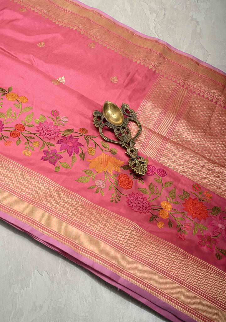 Ektara Rose Milk Pink Katan Banarasi Silk Saree with Zari Buttas and Kadhuwa Weave Meenakari Floral Embroidery on Zari Border | SILK MARK CERTIFIED