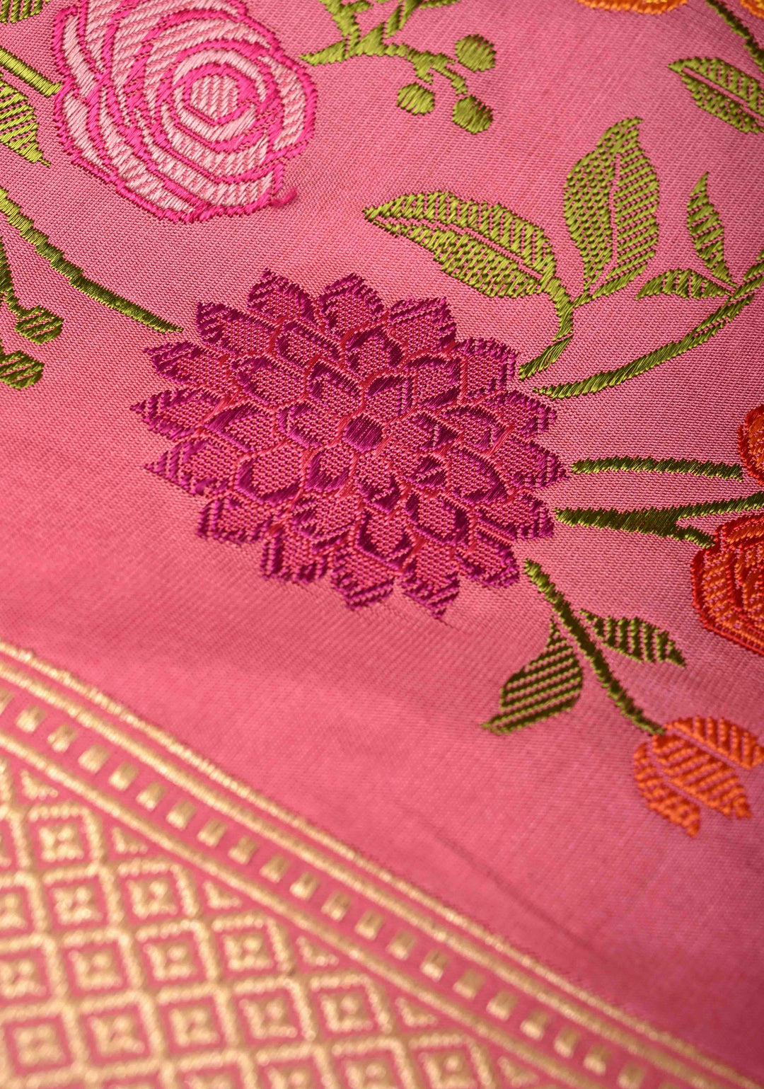 Ektara Rose Milk Pink Katan Banarasi Silk Saree with Zari Buttas and Kadhuwa Weave Meenakari Floral Embroidery on Zari Border | SILK MARK CERTIFIED