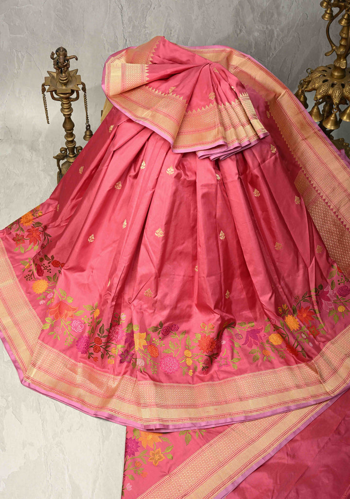 Ektara Rose Milk Pink Katan Banarasi Silk Saree with Zari Buttas and Kadhuwa Weave Meenakari Floral Embroidery on Zari Border | SILK MARK CERTIFIED