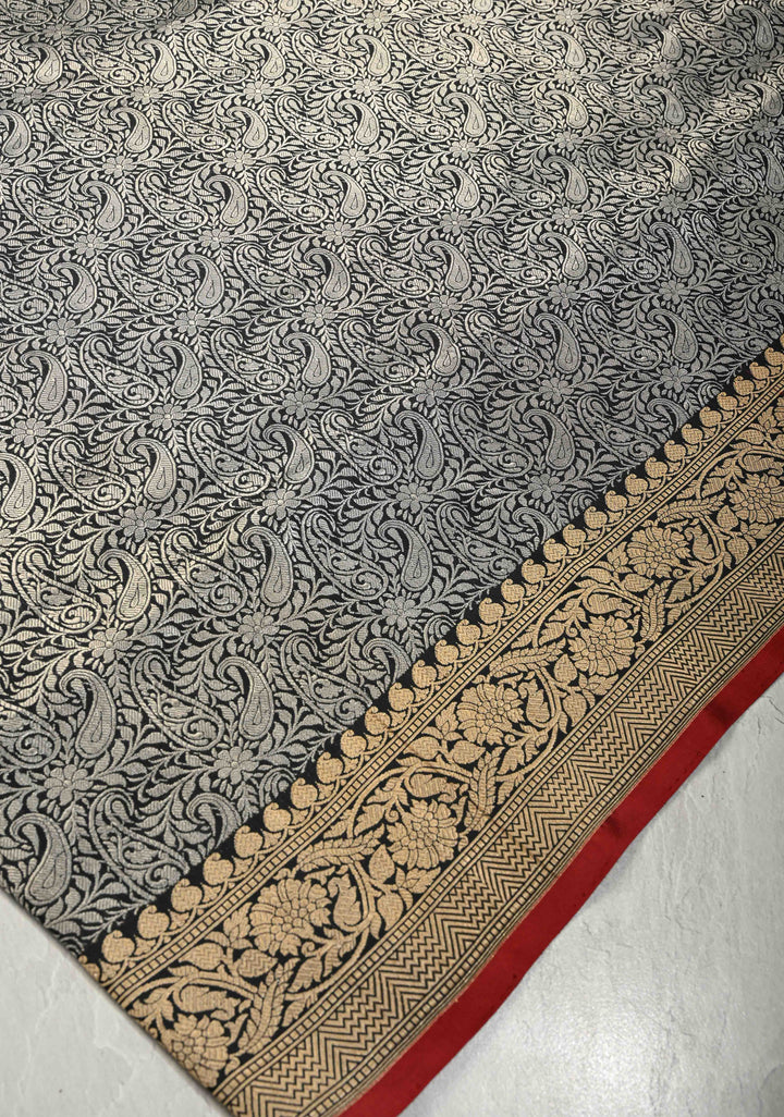 Black Vasket weave on Banarasi Katan Silk Saree with Silver Paisley Zari Brocade and Zari Border | SILK MARK CERTIFIED
