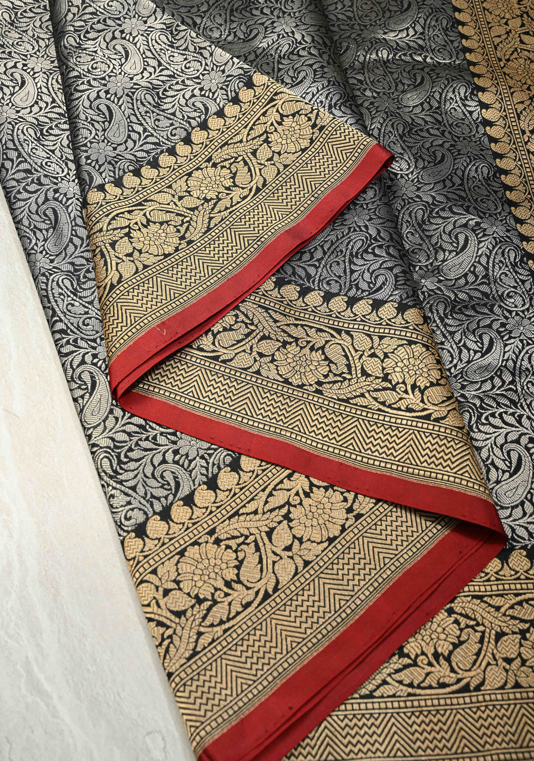 Black Vasket weave on Banarasi Katan Silk Saree with Silver Paisley Zari Brocade and Zari Border | SILK MARK CERTIFIED