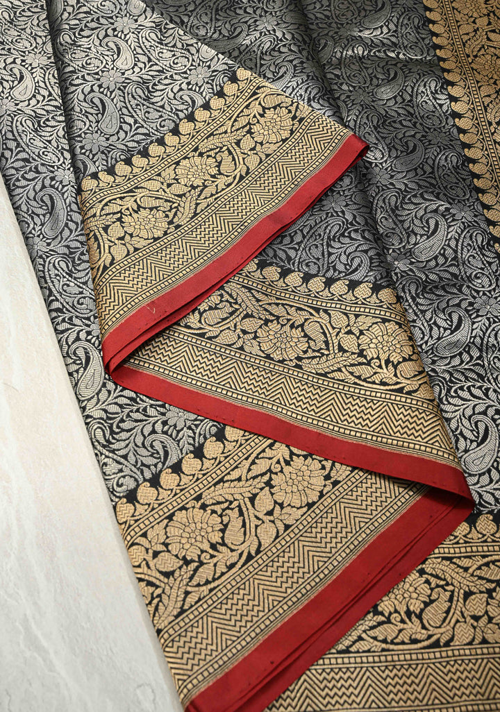 Black Vasket weave on Banarasi Katan Silk Saree with Silver Paisley Zari Brocade and Zari Border | SILK MARK CERTIFIED