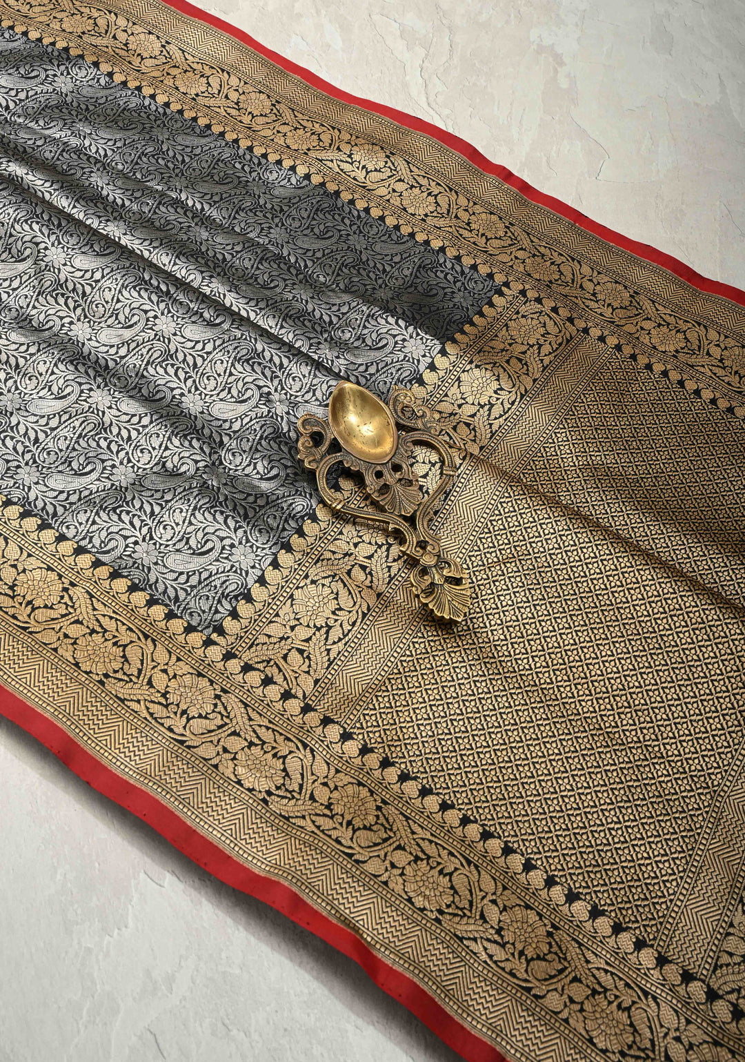 Black Vasket weave on Banarasi Katan Silk Saree with Silver Paisley Zari Brocade and Zari Border | SILK MARK CERTIFIED