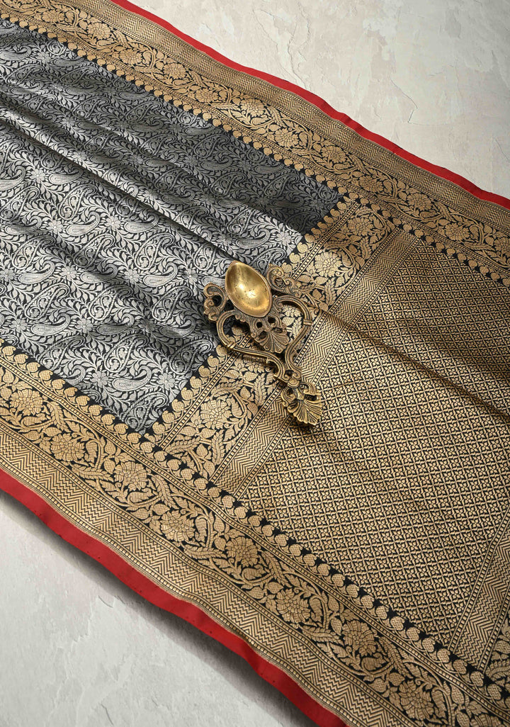 Black Vasket weave on Banarasi Katan Silk Saree with Silver Paisley Zari Brocade and Zari Border | SILK MARK CERTIFIED