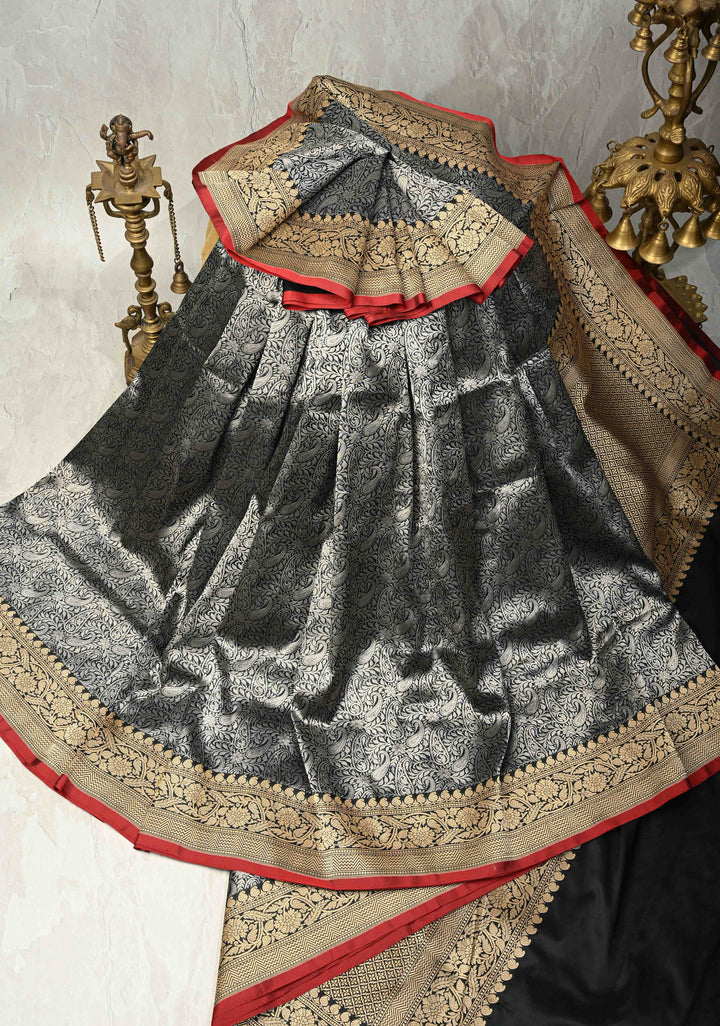 Black Vasket weave on Banarasi Katan Silk Saree with Silver Paisley Zari Brocade and Zari Border | SILK MARK CERTIFIED
