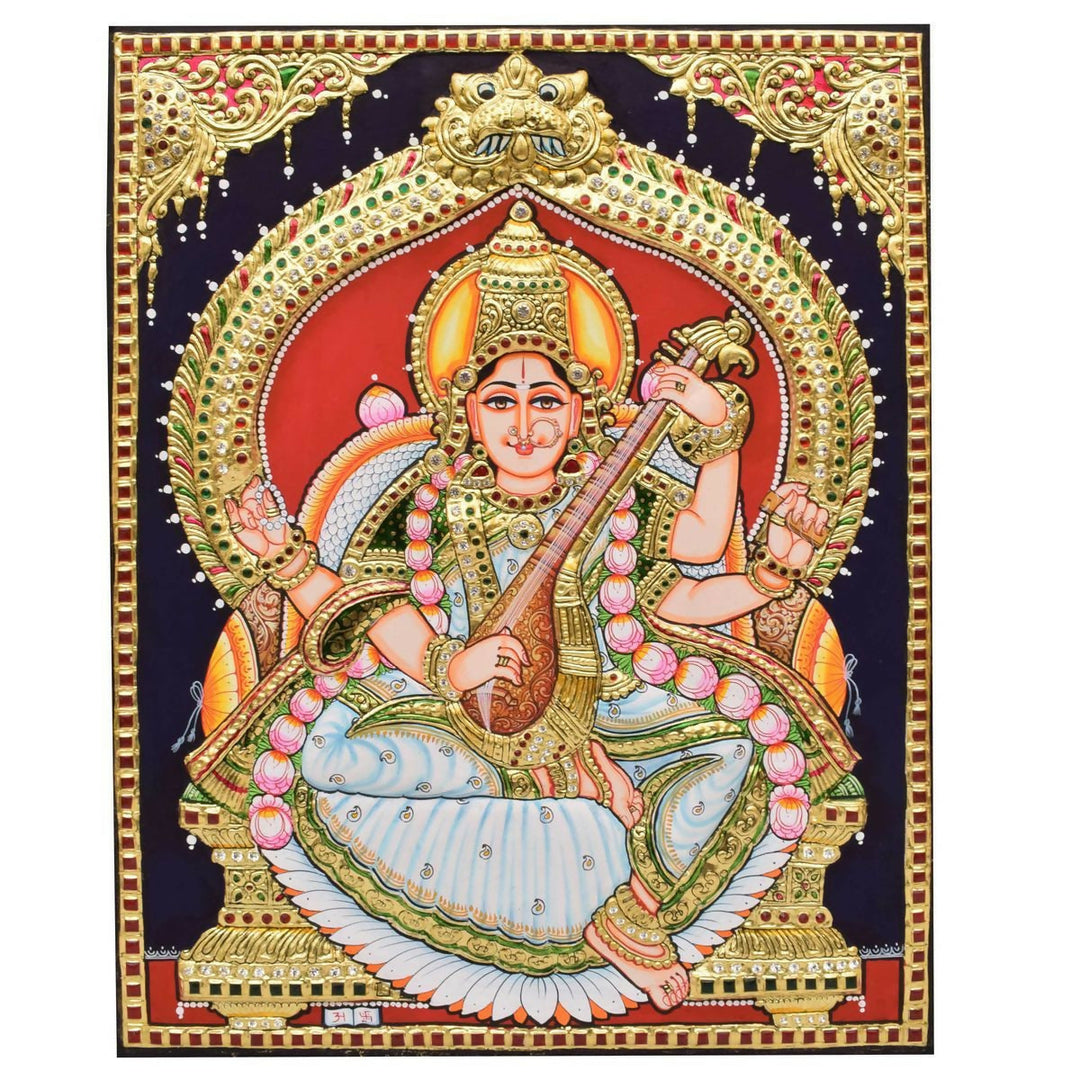 16*20 Authentic TANJORE PAINTING SARASWATHI EMB With 22 Ct gold Foil and Jaipur Gemstones,Unframed | SHOBITAM
