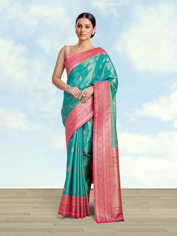 Semi Banarasi Tissue Silk Zari Woven Turquoise Saree | SHOBITAM
