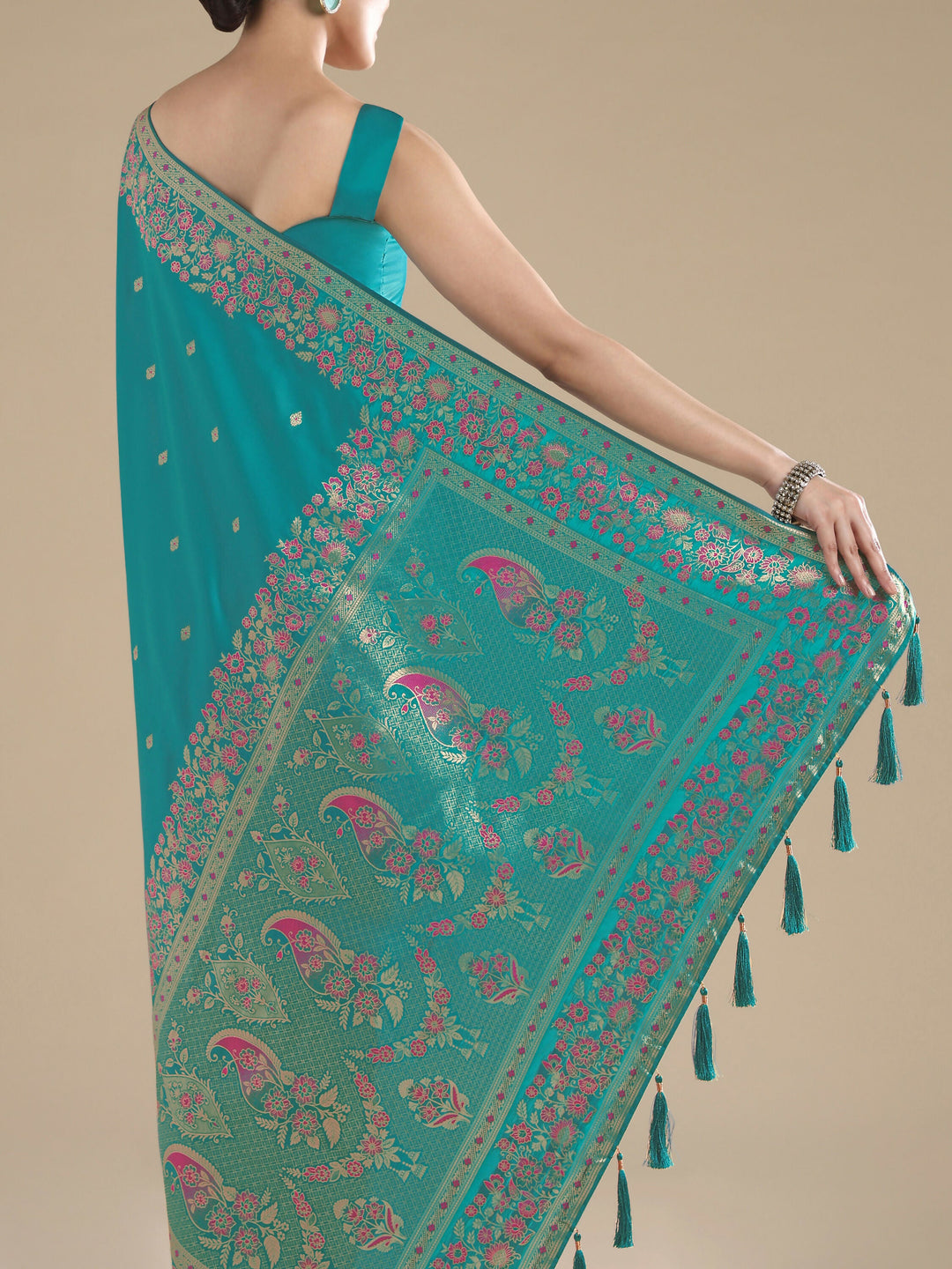 Turquoise Semi Banarasi Satin silk Saree With Zari Border And Butti Work | SHOBITAM