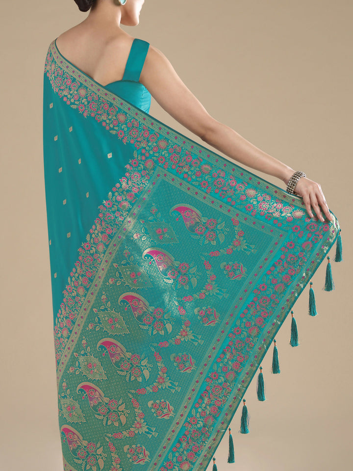 Turquoise Semi Banarasi Satin silk Saree With Zari Border And Butti Work | SHOBITAM