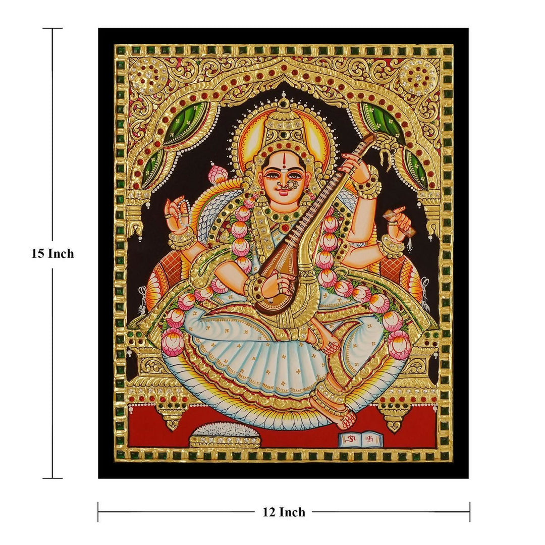 12*15 Authentic TANJORE PAINTING SRASWATHI With 22 Ct gold Foil and Jaipur Gemstones,Unframed | SHOBITAM