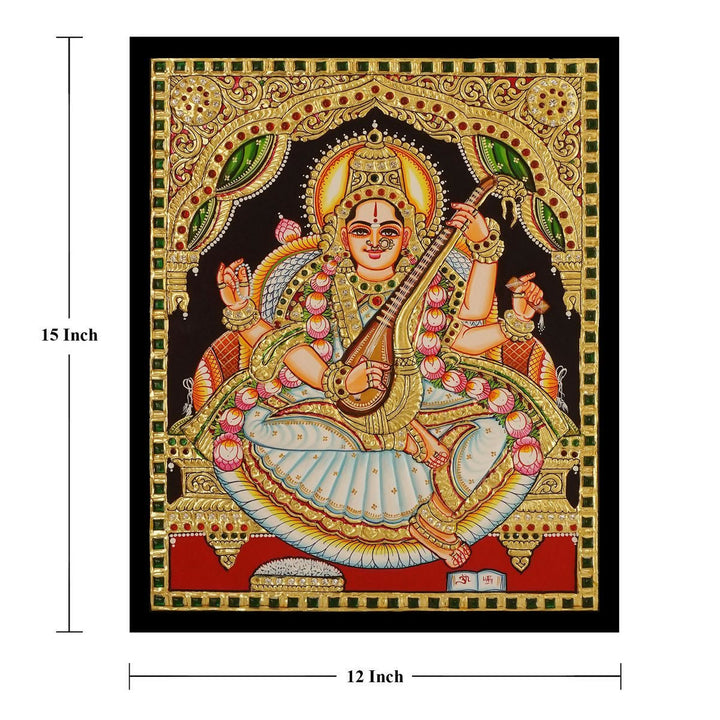 12*15 Authentic TANJORE PAINTING SRASWATHI With 22 Ct gold Foil and Jaipur Gemstones,Unframed | SHOBITAM