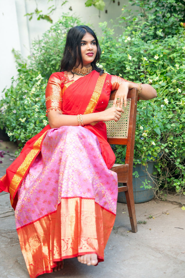 Rose Pink Brocade Skirt With Red Blouse | SHOBITAM