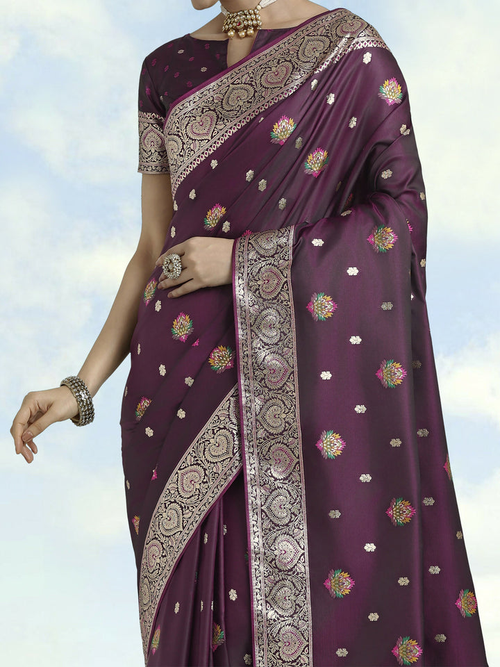 Wine Banarasi Zari Woven Satin Silk Saree | SHOBITAM