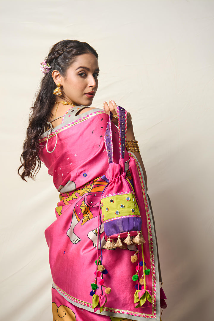 TRI COLOR PINK MIRROR POTLI | SHOBITAM